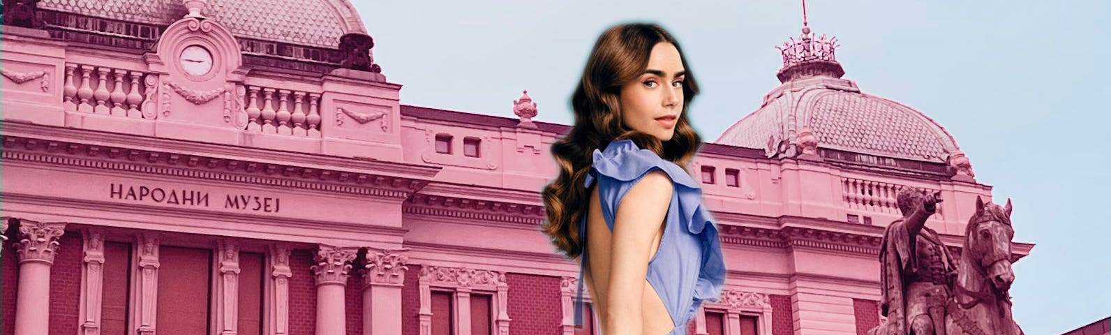 Emily, the star of “Emily in Belgrade” photoshopped into a pink-washed photo of Republic Square in Belgrade, Serbia