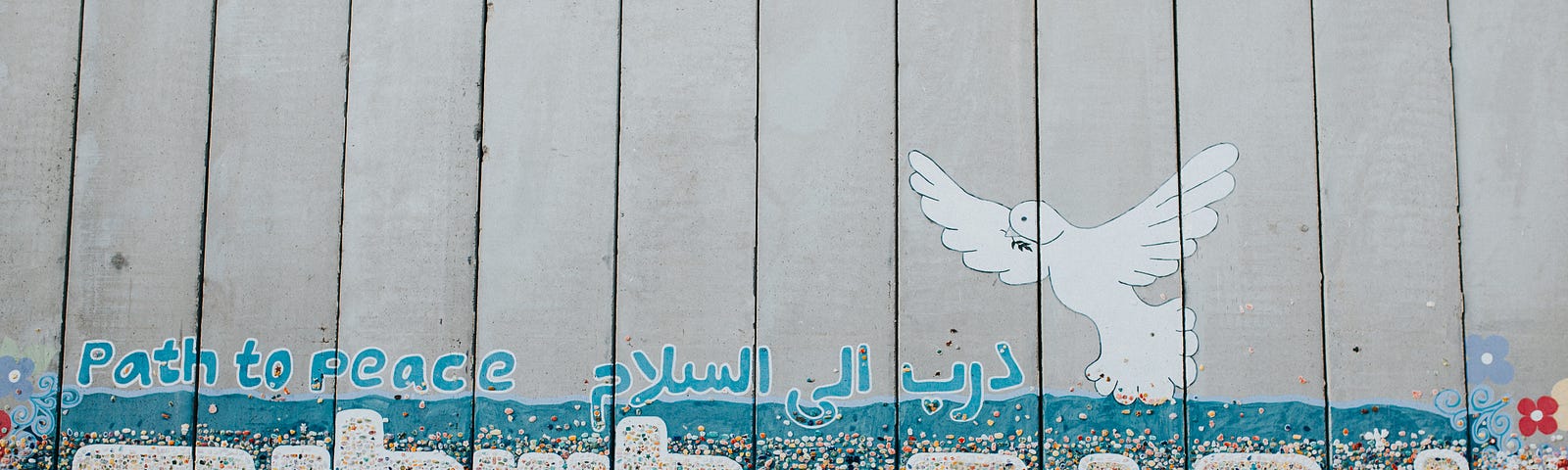 “Path to Peace” wall art painting in English, Arabic, and Hebrew with a dov e— in Netiv HaAsara facing the Gaza border