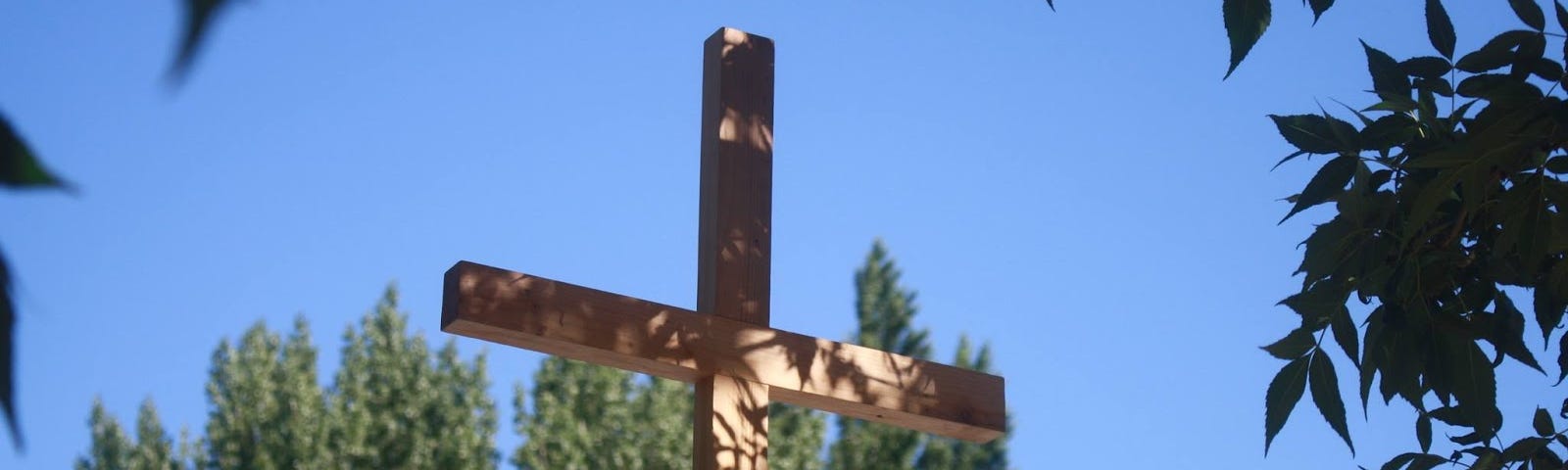 A wooden cross with a green tree in the background and leaves around the edges of the picture all against a blue sky and light filtering through the branches onto the cross.