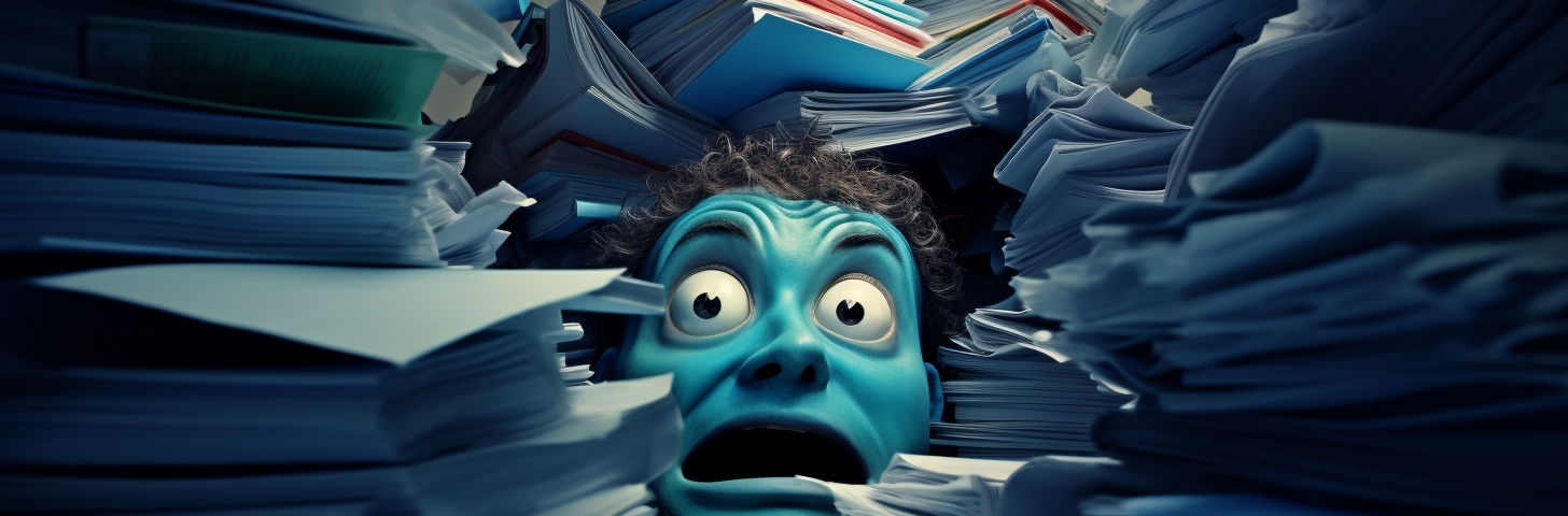 Overwhelmed by paperwork : Image by David Watson and Midjourney