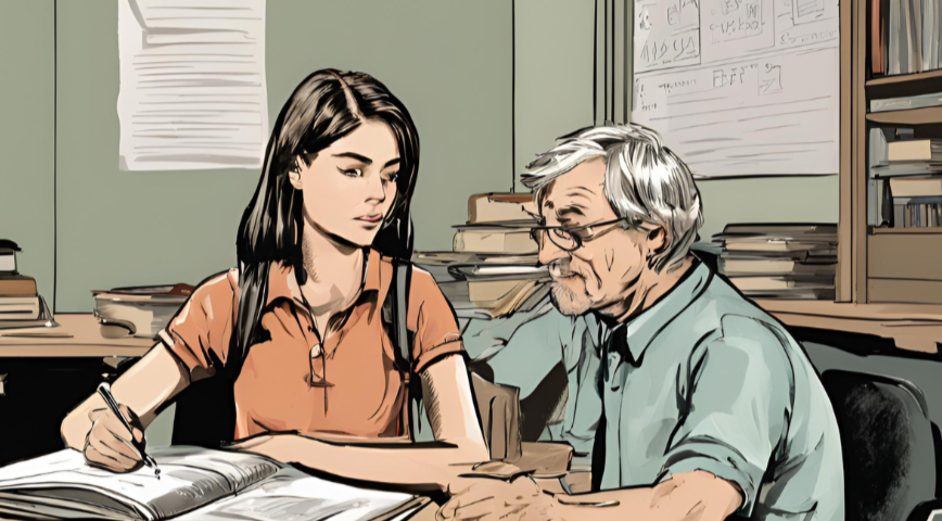 An AI illustration of a young woman receiving mentorship from an elderly male.