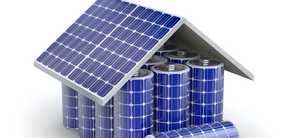 Illustration of a house with a roof of solar panels and a main part of batteries.