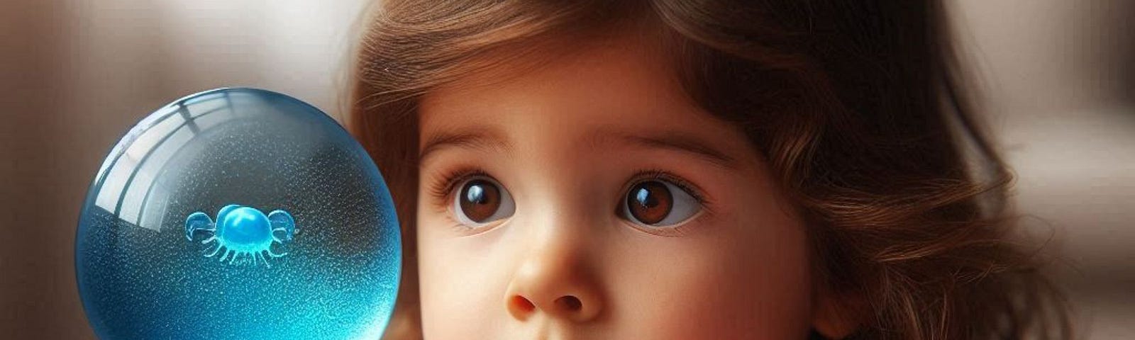 A little girl stares at a light blue sphere