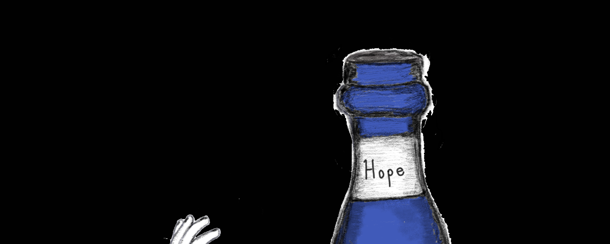 A child’s hand reaches for a blue bottle labeled: Hope.