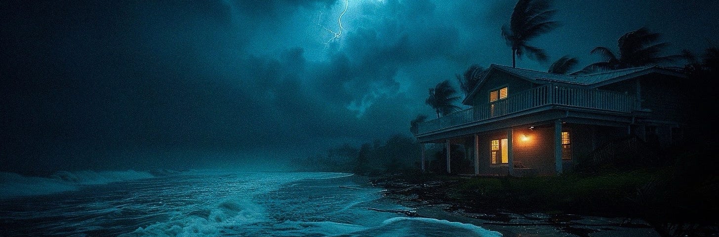 A beach house illuminated by warm lights faces the onslaught of a hurricane with fierce waves and lightning.