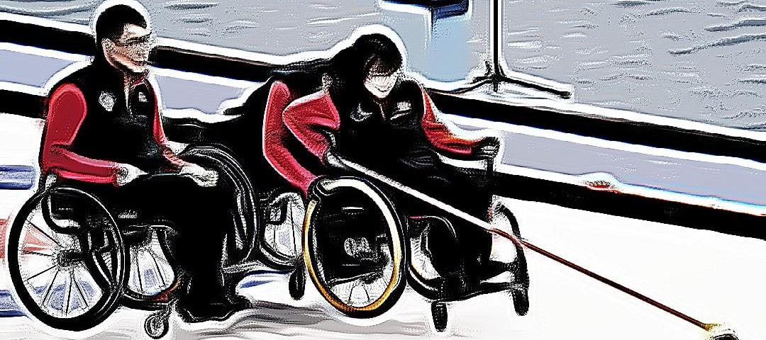 Um homem e uma mulher, ambos em cadeiras de rodas, jogam curling adaptado, uma das modalidades das Paralimpíadas de Inverno. Eles vestem calça e casaco pretos, com mangas compridas vermelhas. Da esquerda para a direita, ela empurra uma pedra de curling com um bastão longo.