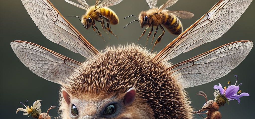 A ferocious hedgehog with sharp pointy teeth and the wings of a dragonfly, surrounded by bees