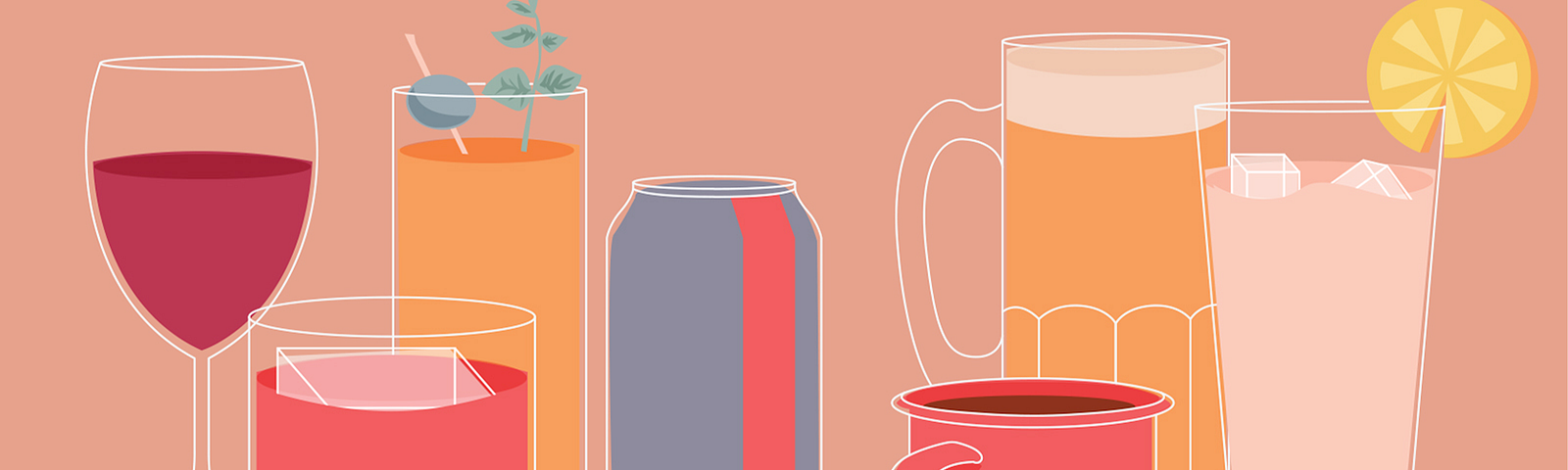 An illustration of various beverages; a wine glass, a soda can, a mug of coffee, etc.