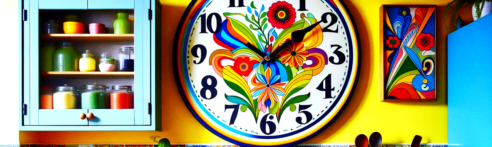 A brightly coloured clock reveals the time in a kitchen