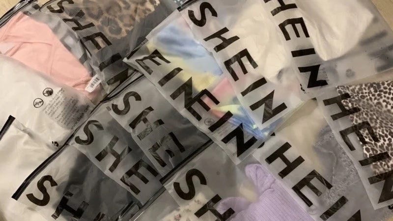 IMAGE: A bunch of non recyclable plastic bags from Shein, a Chinese marketer that does not fulfill any environmental, work or copyright regulations, but even though, grows all over the world