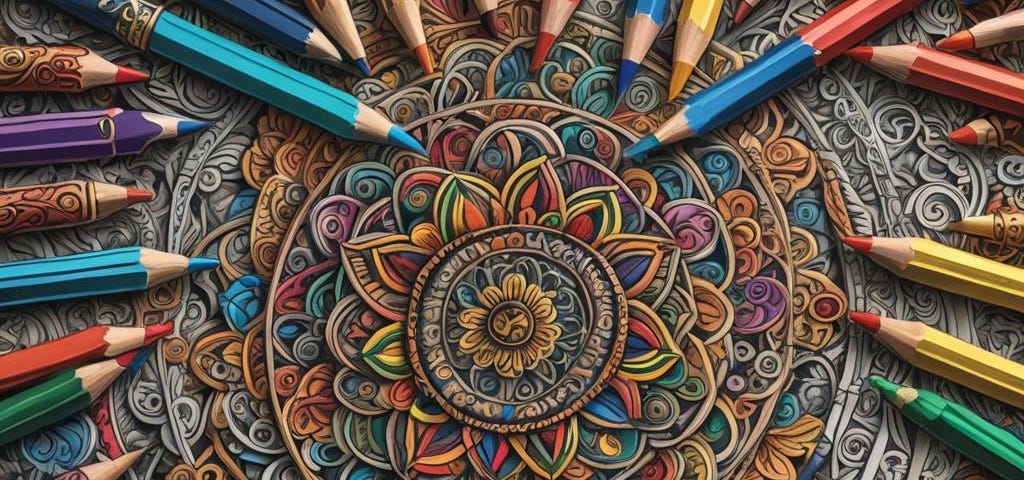 A colorful mandala with an array of colored pencils lying on top