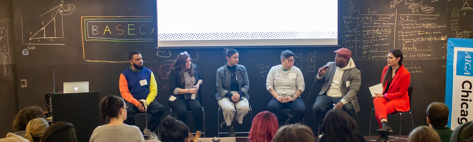 Image of panel discussion at the AIGA Chicago Design Ethics Roundtable event, hosted at Basecamp.