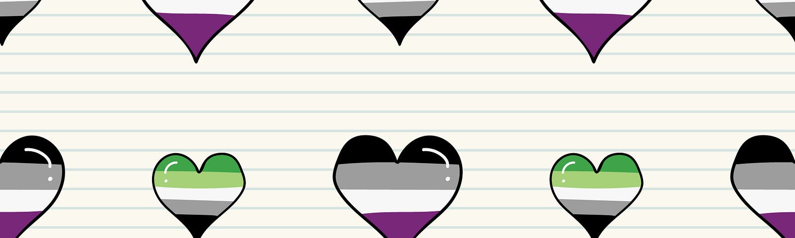 Vector illustration of lined notebook paper with hearts alternating the asexual and aromantic flag colors