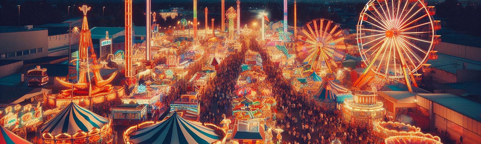 Visiting a fairground, with an abundance of rides and stands in view at night with lights on in photo style picture.