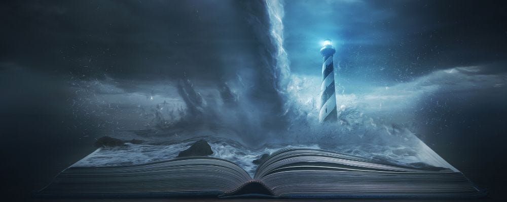 Lighthouse and tempest rising from an open book.