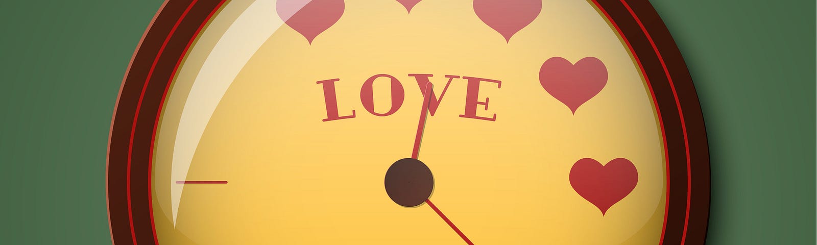 A yellow clock with red hearts and hands, and the words “love time” in red on a green background (sex, relationships, what time is most common for sex, which time is best for sex, what time is good for sex at night, Adam & Eve sex survey)