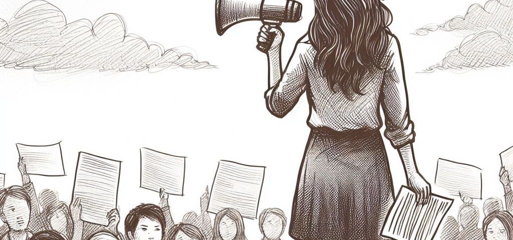 A woman with a bullhorn standing in front an audience of people.