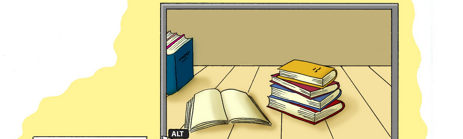 Ilustração de uma tela de computador apresentando a imagem de livros e um botão de ALT apresentando um texto informativo sobre como usar o recurso.