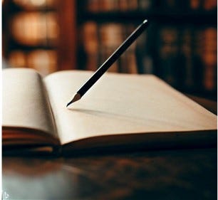 An open blank journal with a pencil ready to write on a desk in a library.