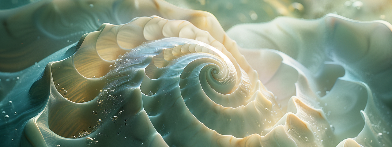 A digital fractal image of a white Fibonacci spiral that resembles the cross-section of a seashell.