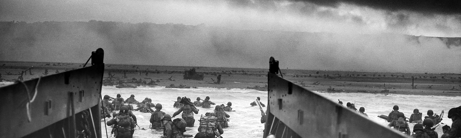 Soldiers leaving landing craft on D-Day