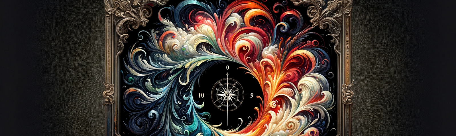 Abstract image showing a 10/90 split. On the left, a chaotic swirl of dark colors represents life’s 10% uncertainty. The right 90% features bright, harmonious colors symbolizing positive reactions and growth. A subtle compass integrates into the design, indicating navigation through life’s challenges.