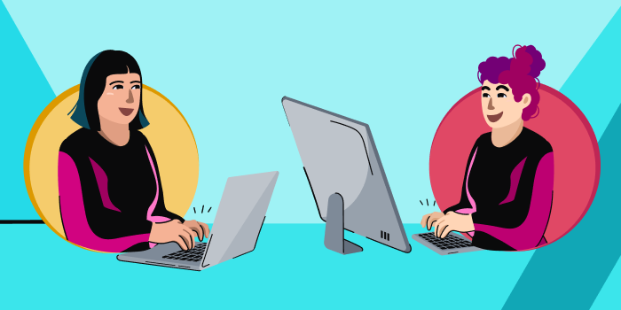A imagem contem uma ilustração onde duas mulheres estão em frente ao seus respectivos computadores