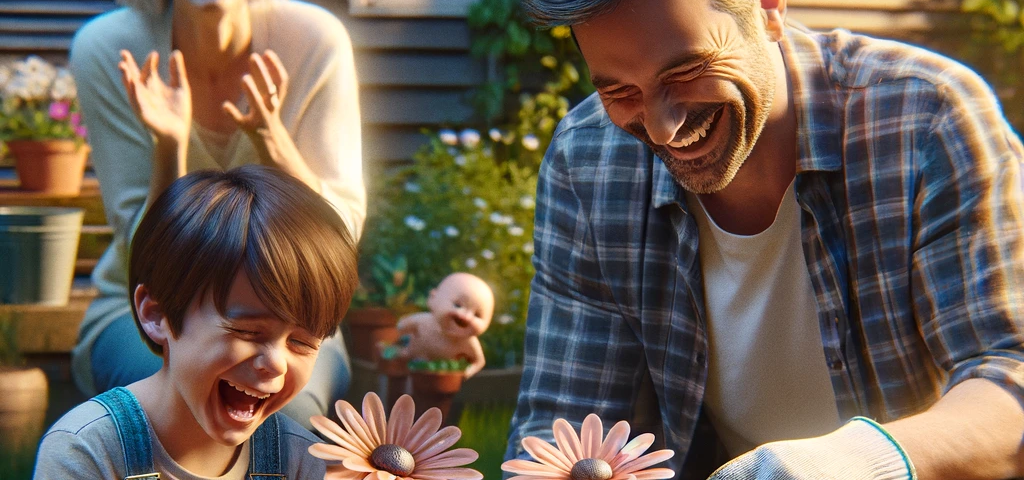 Charlie is in the garden with his Dad and Mom, planting plastic flowers.