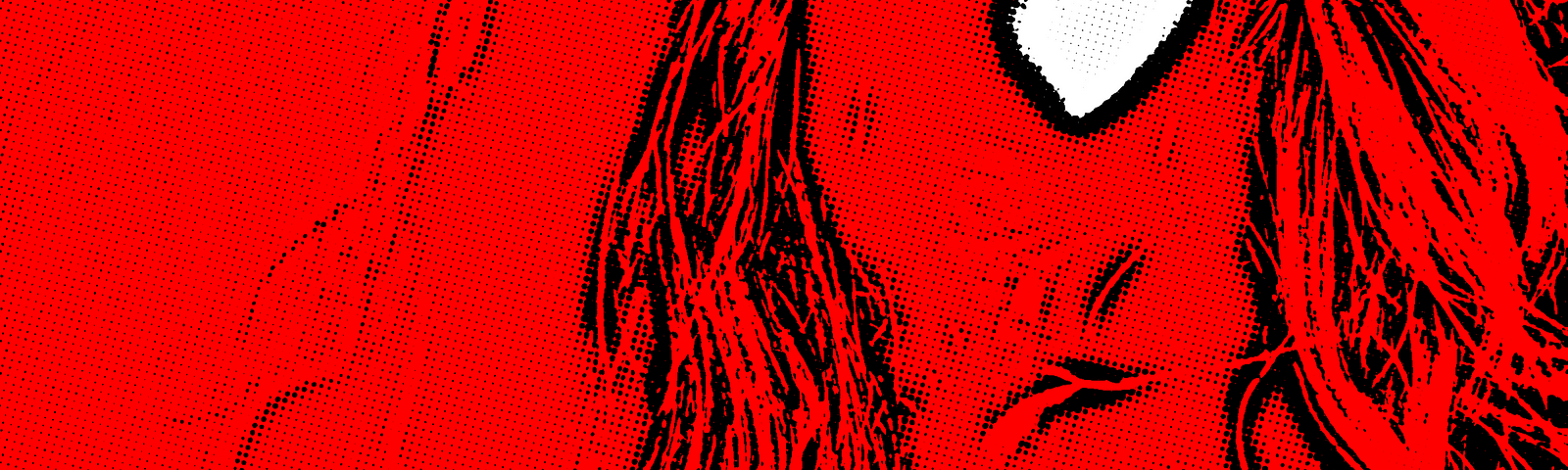 A woman with long, flowing hair is seen from the mouth down, her lips slightly parted. The image is modified from a black and white photo, rendered in black halftone dots over a mostly red background.