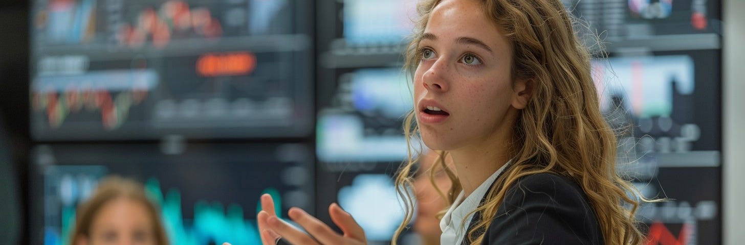 A focused young woman explains a critical point during a business strategy meeting in a tech-driven environment.