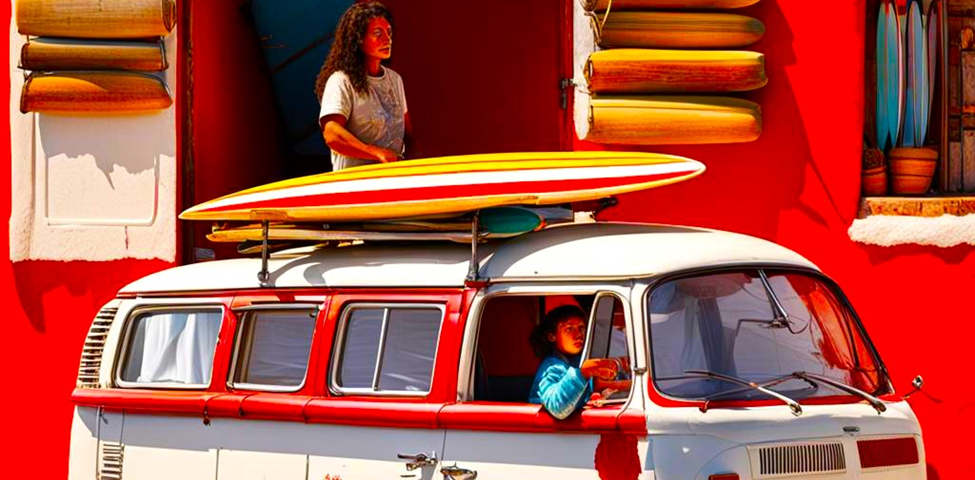 Old Volkswagen van with surfboards on top.