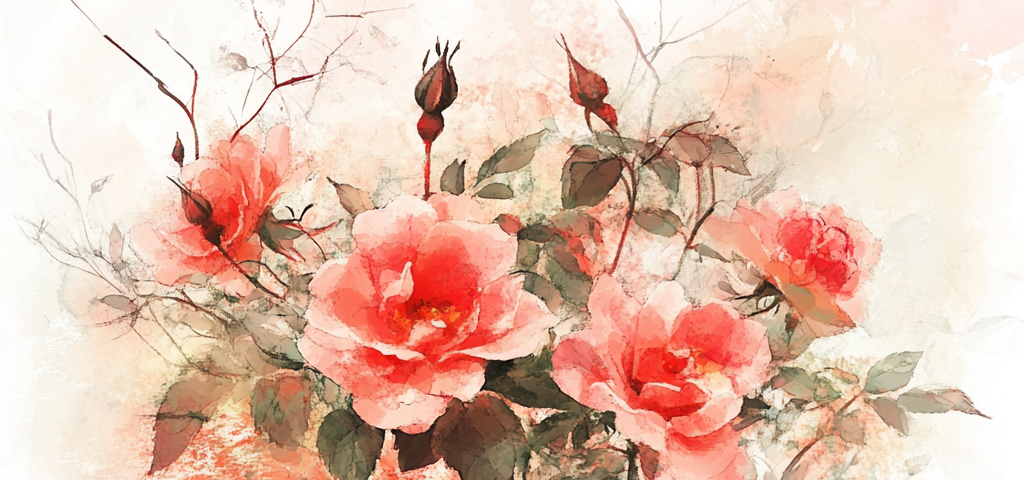 a postcard style water color of a rose bush