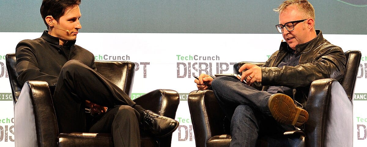 Pavel Durov and Mike Butcher at the TechCrunch conference in San Francisco, 2015