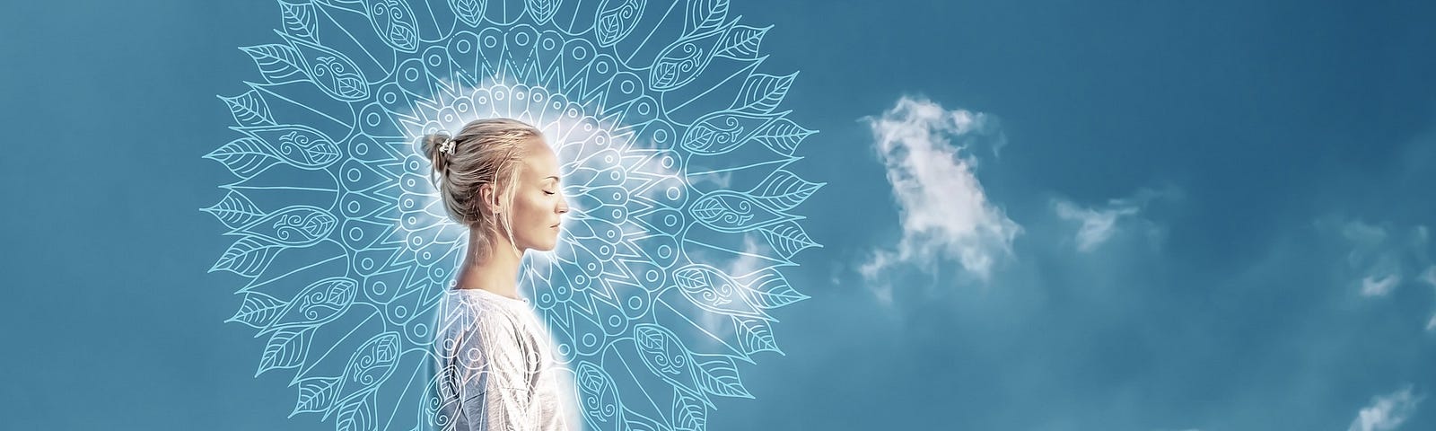 Lady on a white fluffy cloud in the sky praactising meditation