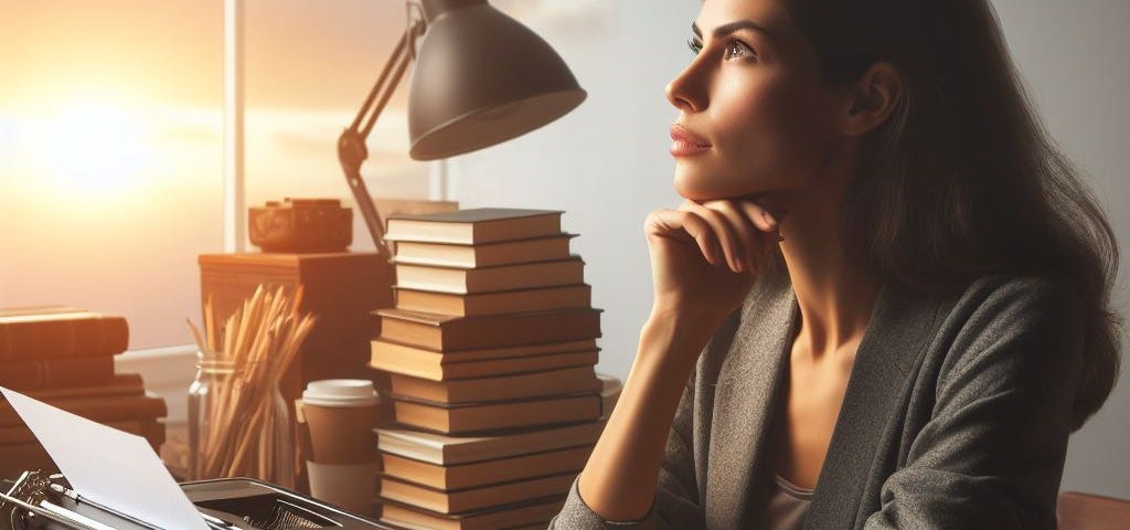 A woman sitting in front of a typewriter and surrounded by books holds her chin while looking up as she contemplates an inspired idea.