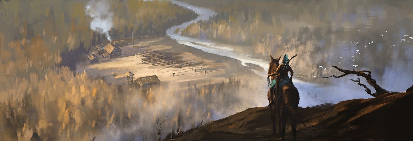 Image: A figure on horseback cresting a high ridge, looking down on the river and homestead in the valley below.