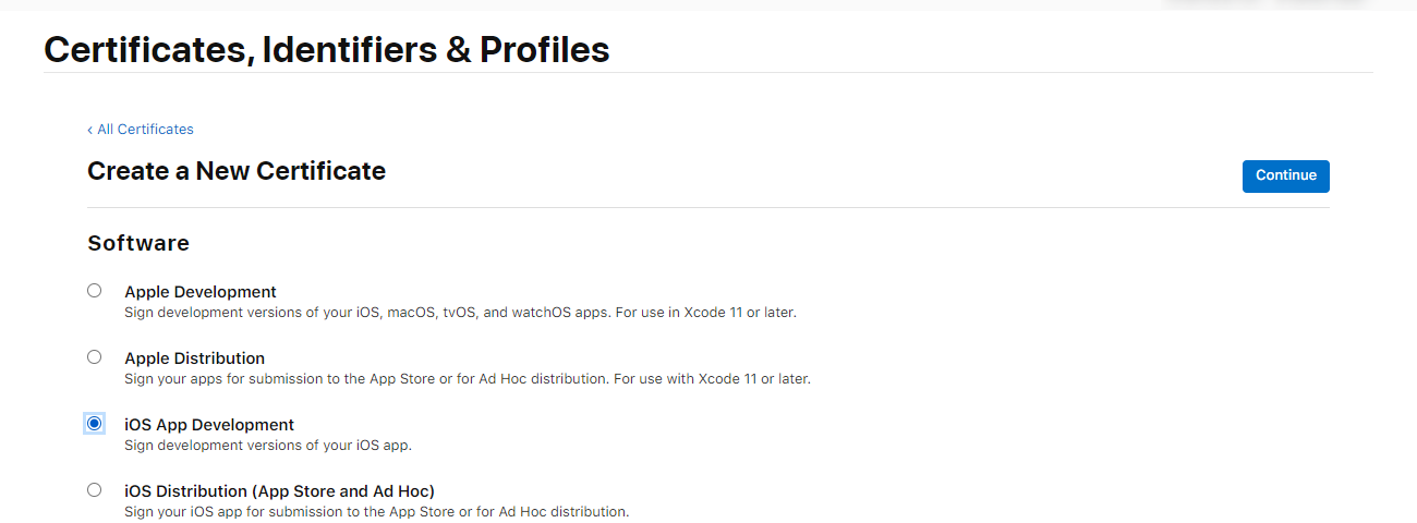 Selecting a certificate type on the new Apple Developer Portal