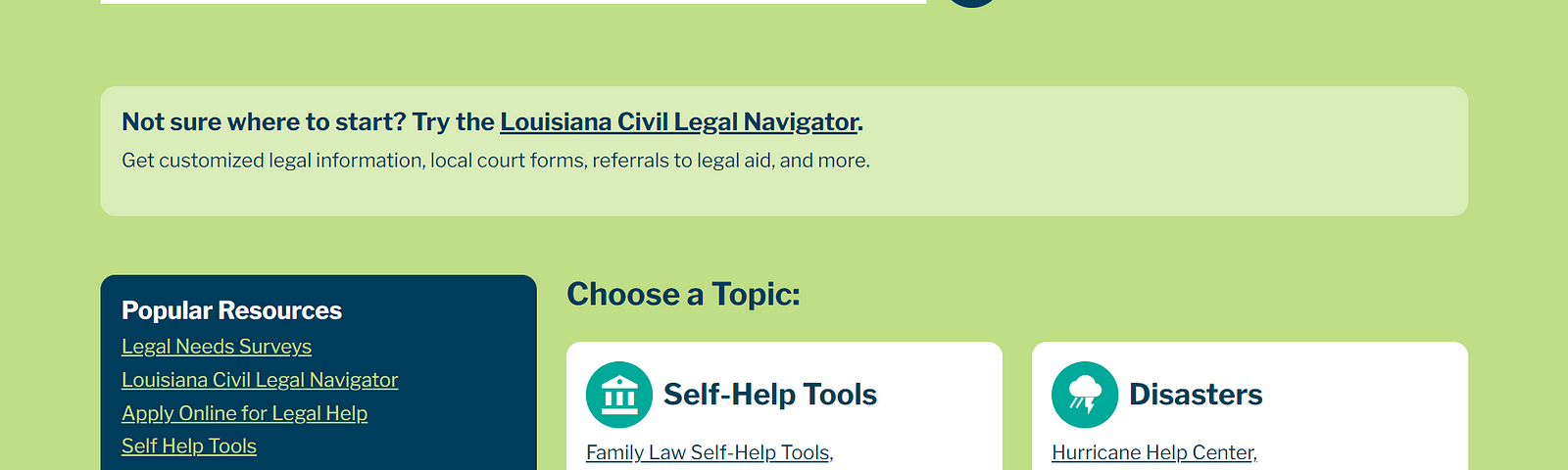 A screenshot of the new design on LouisianaLawHelp.org’s homepage