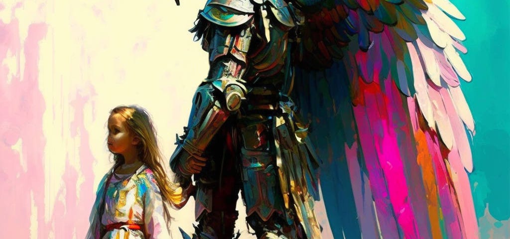 A colourful artistic rendering of an angel/knight standing behind a fierce little girl who is holding a sword and looks determined.