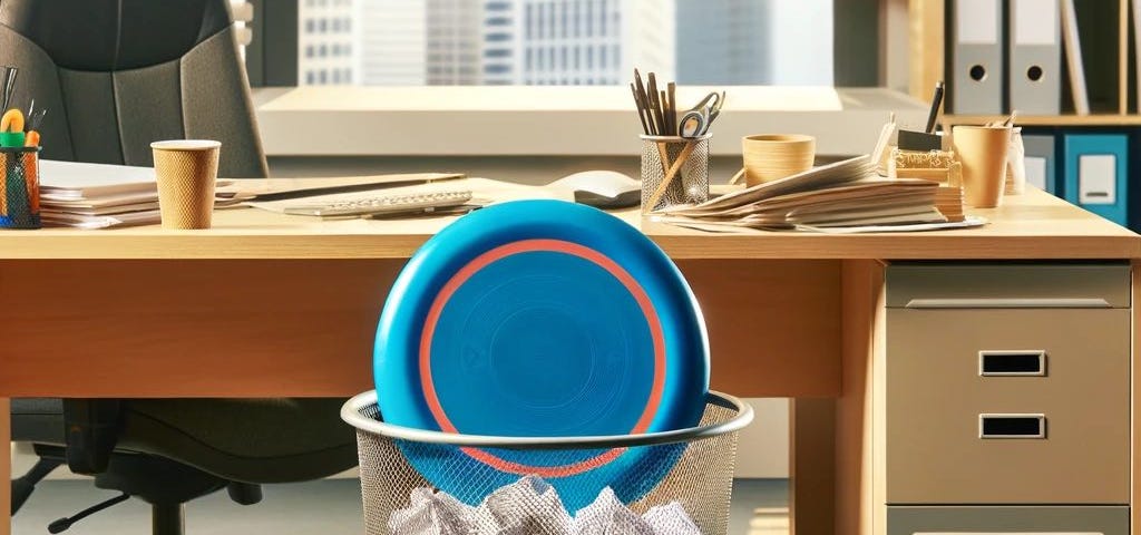 A frisbee has been thrown into a waste basket in an office setting.