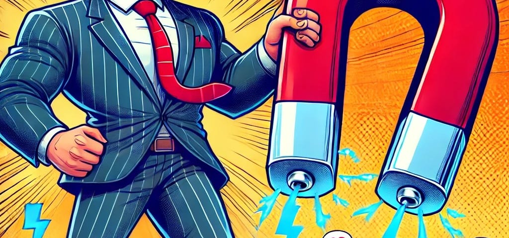 IMAGE: A comic-style illustration featuring a large company holding a strong magnet and attracting small companies to it