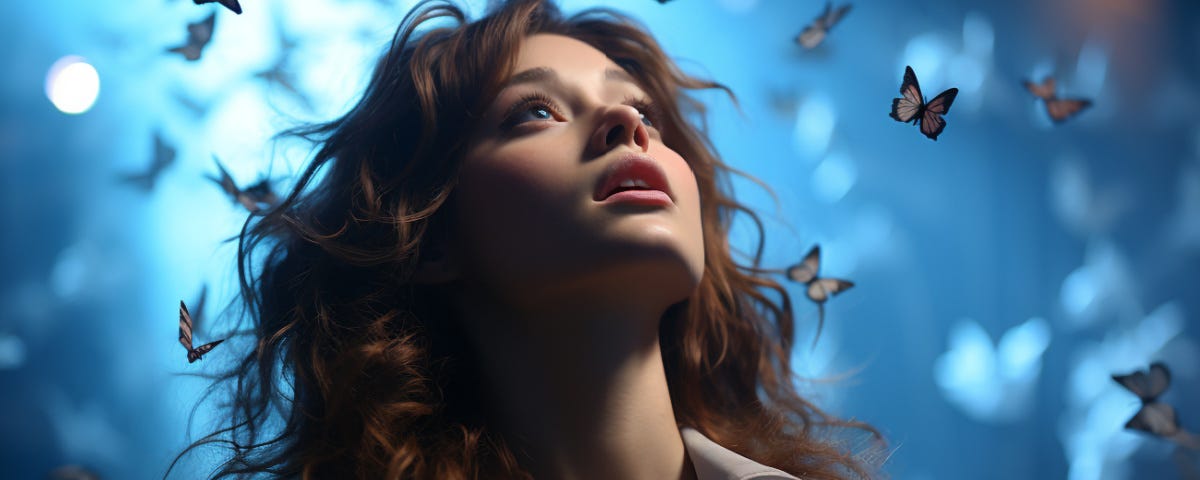 woman staring up into blue butterflies