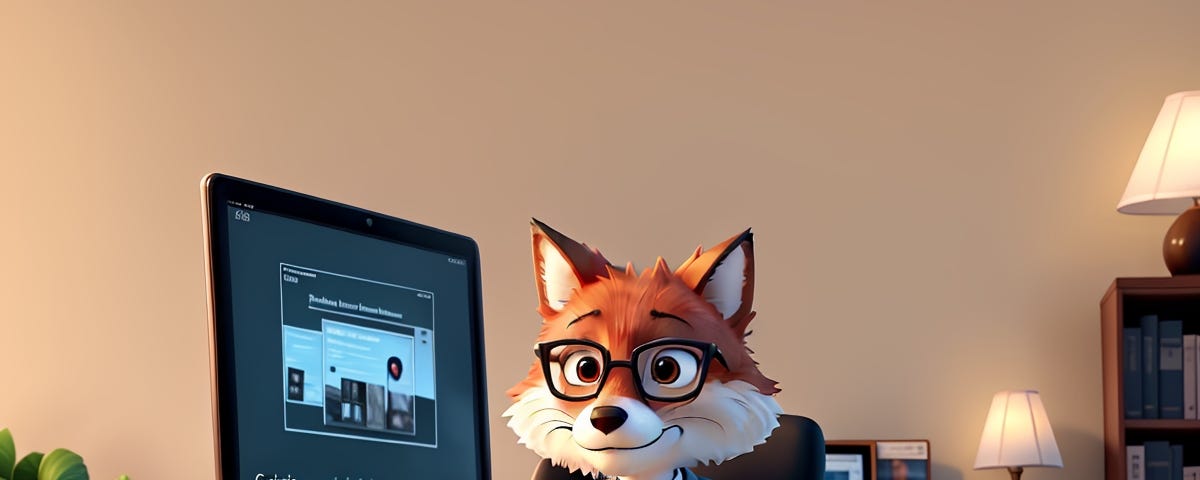 An AI-generated fox in the style of a Pixar 3D animation, sitting at a desk with paper in front of him on the desk and a computer screen to his left.