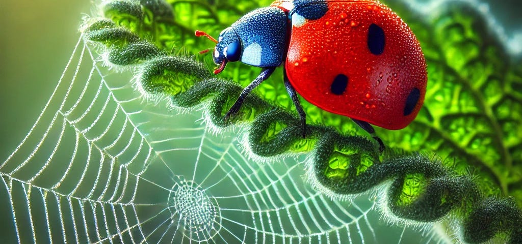 A ladybug trapped by a spider just above the web.