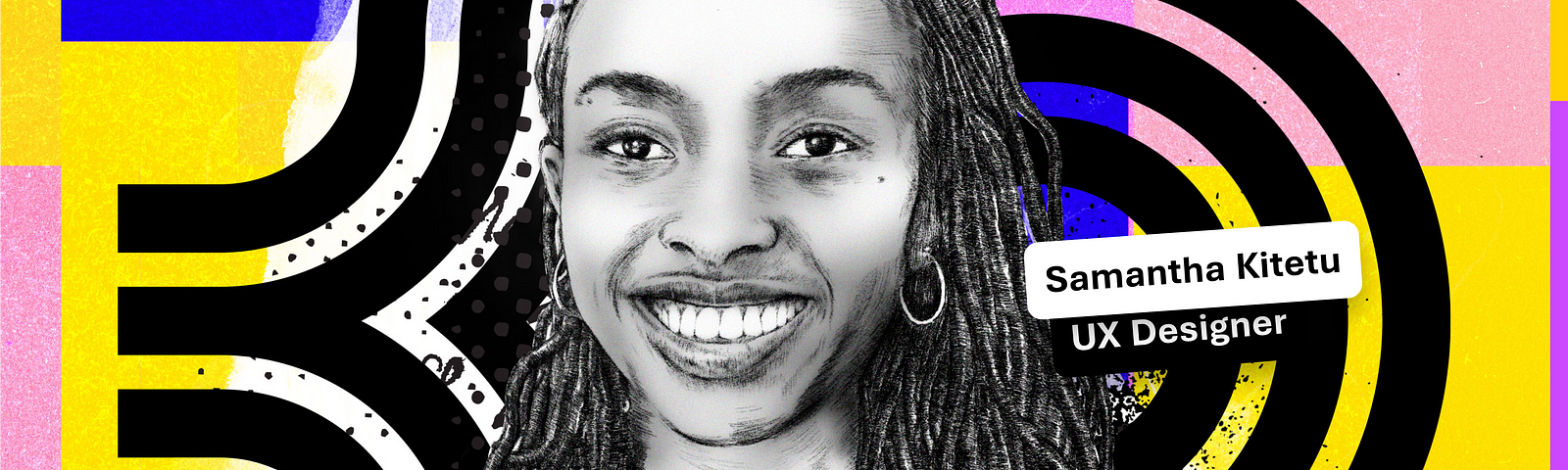 A pencil sketch of a woman with a braided hairstyle smiling with earrings on against an abstract colorful background.