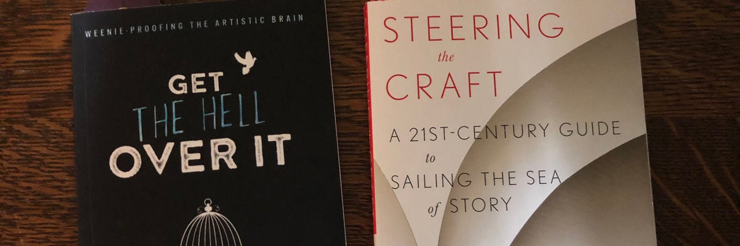Photo of two books, especially the “Steering the Craft” book about writing and creating a story, by Ursula K. Le Guin. — photo by author Marsha Hamby Savage.