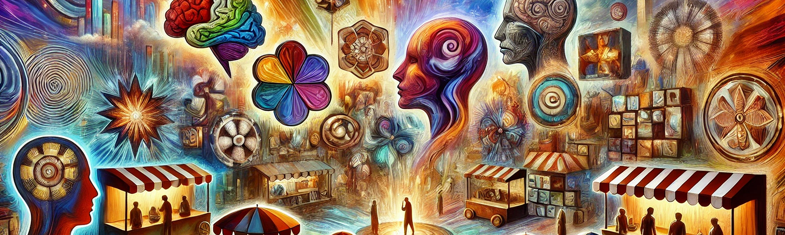 This image depicts the human mind as a bustling marketplace, filled with various stalls representing different thoughts, emotions, and external influences.