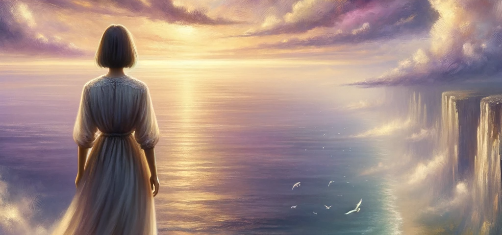 Person in a flowing dress standing on a cliff overlooking an expansive ocean, with a sky painted in hues of purple, pink, and gold and birds flying in the distance.