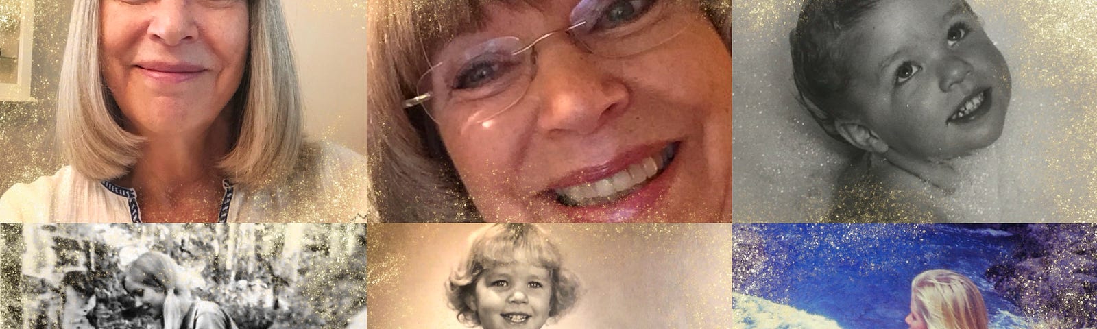 A collage of six photos of the author from early age to fairly recent.