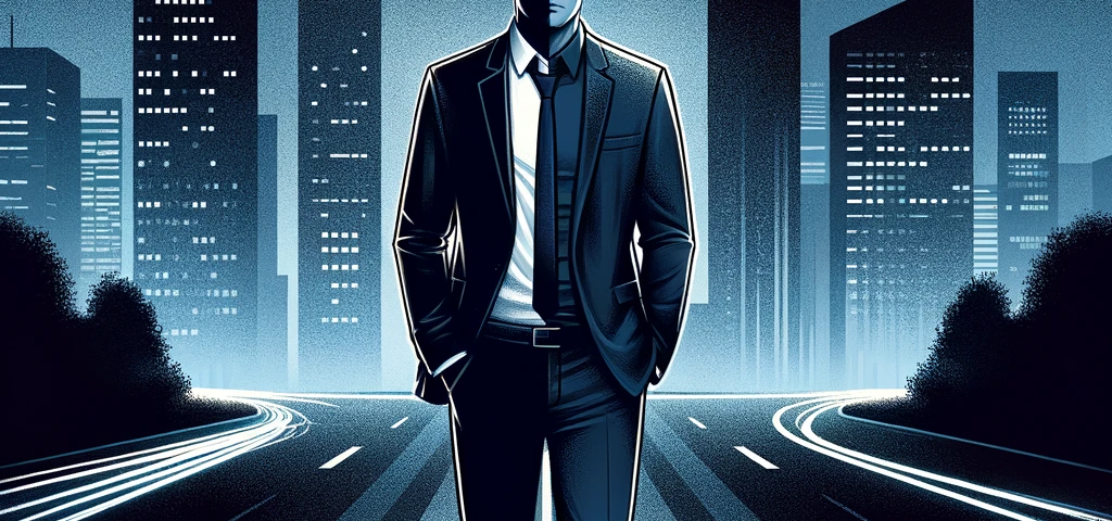 A powerful cover image for a blog post. It features a man in a suit standing at a crossroads, symbolizing the balance between work and family life. The background is a dark, urban nightscape with muted colors, deep blues, and blacks. The man looks determined and focused, wearing a suit with his tie slightly loosened, representing his dual roles. There is no text included in the image.